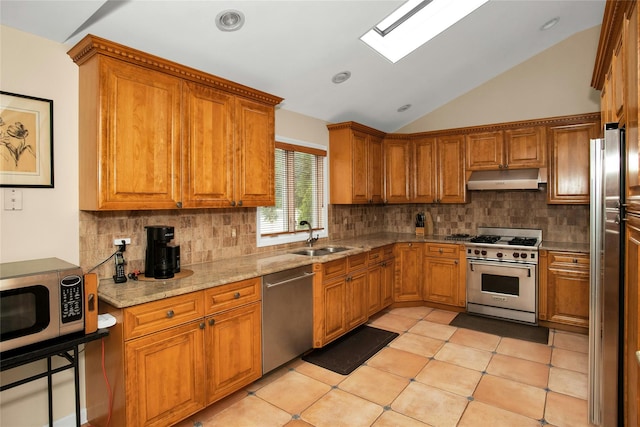15 Howard Ct, Plainview, NY 11803 - kitchen featuring stainless steel appliances, lofted ceiling, brown cabinets, under cabinet range hood, and backsplash