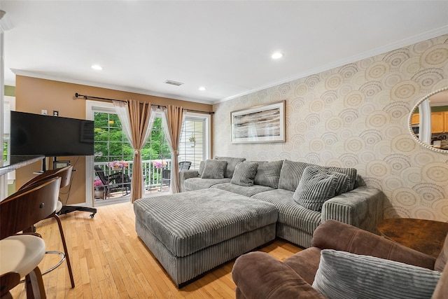 97 Hillcrest Ln, Peekskill, NY 10566 - living area with ornamental molding, wallpapered walls, light wood-type flooring, and recessed lighting