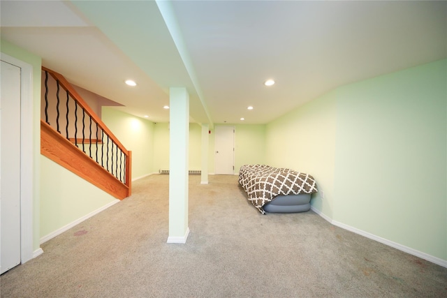 1768 W 5th St, Brooklyn, NY 11223 - finished below grade area with carpet, recessed lighting, and stairway