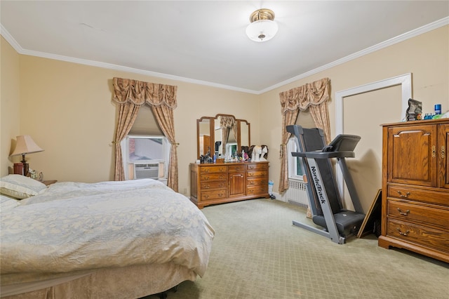 1020 New Mcneil Ave, Lawrence, NY 11559 - bedroom with ornamental molding, light colored carpet, cooling unit, and radiator
