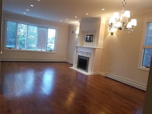 45-44 E 189th St, Flushing, NY 11368 - unfurnished living room featuring a baseboard radiator, a chandelier, crown molding, wood finished floors, and a fireplace