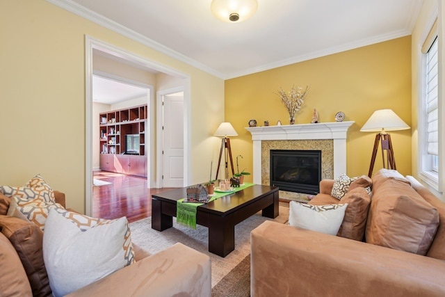 4 Celestial Ct, Saint James, NY 11780 - living area featuring crown molding, healthy amount of natural light, and a glass covered fireplace