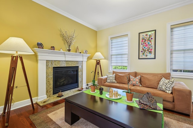 4 Celestial Ct, Saint James, NY 11780 - living area featuring ornamental molding, wood finished floors, and a high end fireplace
