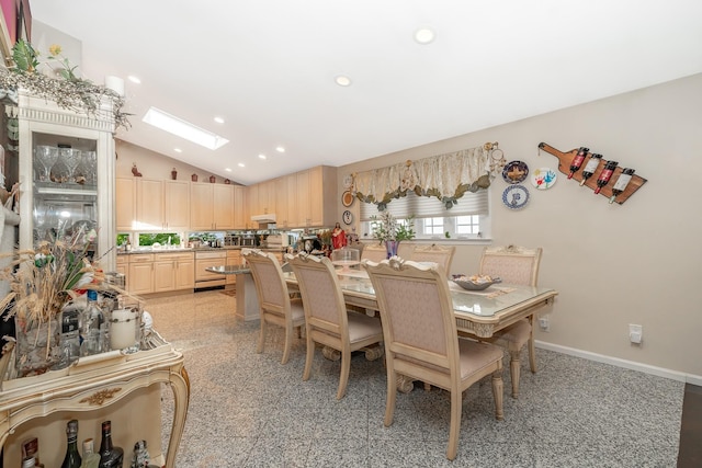 159-23 90th St, Howard Beach, NY 11414 - dining space with a skylight, vaulted ceiling, and recessed lighting