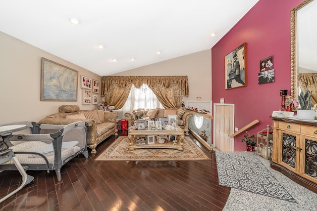 159-23 90th St, Howard Beach, NY 11414 - living area featuring vaulted ceiling, wood finished floors, and recessed lighting