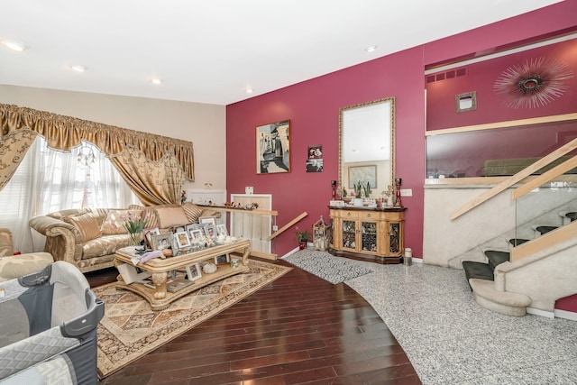 159-23 90th St, Howard Beach, NY 11414 - living room featuring wood finished floors, recessed lighting, and stairway