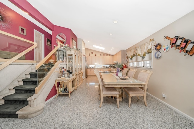 159-23 90th St, Howard Beach, NY 11414 - dining area with vaulted ceiling, recessed lighting, granite floors, and stairway
