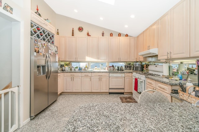 159-23 90th St, Howard Beach, NY 11414 - kitchen featuring stainless steel fridge with ice dispenser, white range with gas cooktop, under cabinet range hood, dishwasher, and granite tiled floors