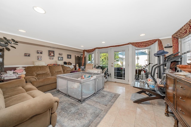 159-23 90th St, Howard Beach, NY 11414 - living area featuring crown molding, recessed lighting, french doors, and light marble finish floors
