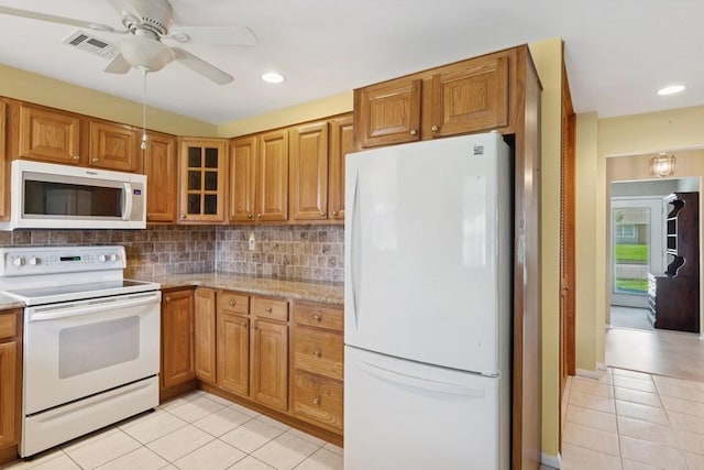 96 Enfield Ct Unit B, Ridge, NY 11961 - kitchen featuring white appliances, light tile patterned floors, tasteful backsplash, a ceiling fan, and recessed lighting