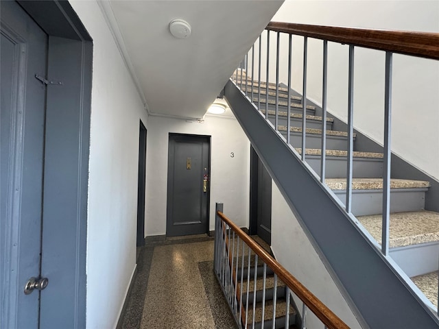 21528 47th Ave Unit 3B, Bayside, NY 11361 - staircase featuring speckled floor and elevator