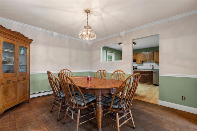 76 Maureen Dr, Middletown, NY 10940 - dining space with dark wood finished floors, a chandelier, a baseboard radiator, and ornamental molding