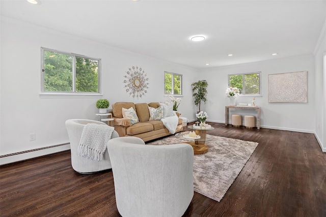 4 Westbrook Dr, Cortlandt Manor, NY 10567 - living area featuring a baseboard radiator, dark wood-style floors, crown molding, and recessed lighting