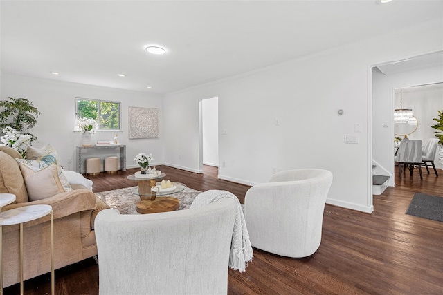 4 Westbrook Dr, Cortlandt Manor, NY 10567 - living room featuring dark wood finished floors, ornamental molding, and recessed lighting