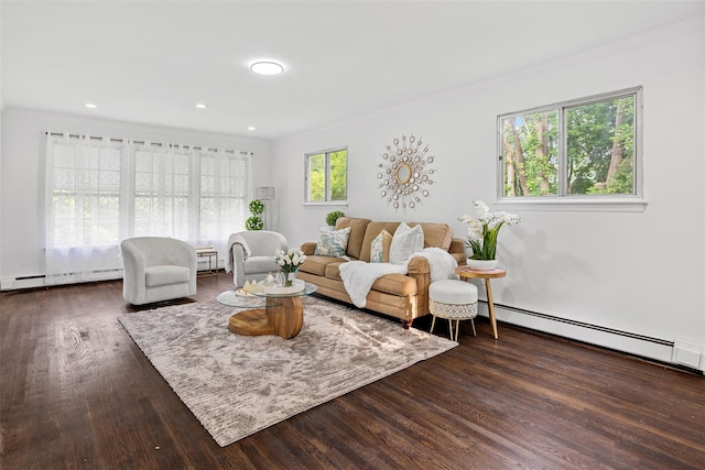 4 Westbrook Dr, Cortlandt Manor, NY 10567 - living room with baseboard heating, ornamental molding, wood finished floors, a baseboard radiator, and recessed lighting
