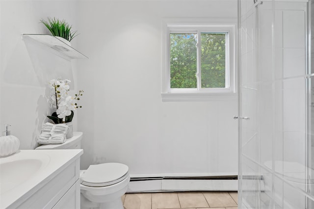 4 Westbrook Dr, Cortlandt Manor, NY 10567 - bathroom featuring a baseboard radiator, vanity, a shower stall, and tile patterned floors