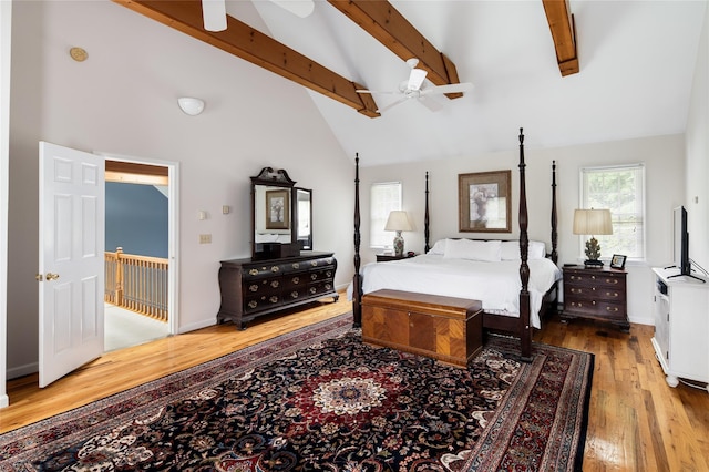 4 Scenic Dr, South Salem, NY 10590 - bedroom featuring wood finished floors, beamed ceiling, high vaulted ceiling, and ceiling fan