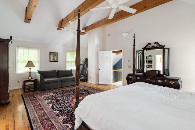 4 Scenic Dr, South Salem, NY 10590 - bedroom featuring beamed ceiling, wood finished floors, ceiling fan, and high vaulted ceiling