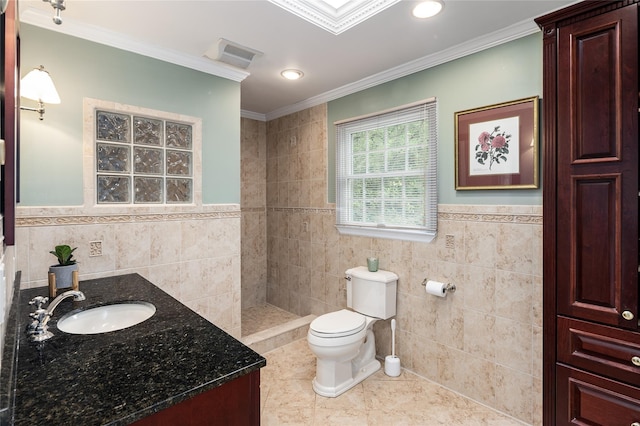 4 Scenic Dr, South Salem, NY 10590 - bathroom featuring tile walls, vanity, tile patterned floors, a tile shower, and ornamental molding