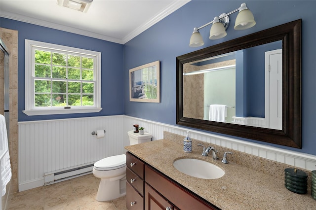 4 Scenic Dr, South Salem, NY 10590 - full bathroom with baseboard heating, a wainscoted wall, a shower with shower door, vanity, and crown molding