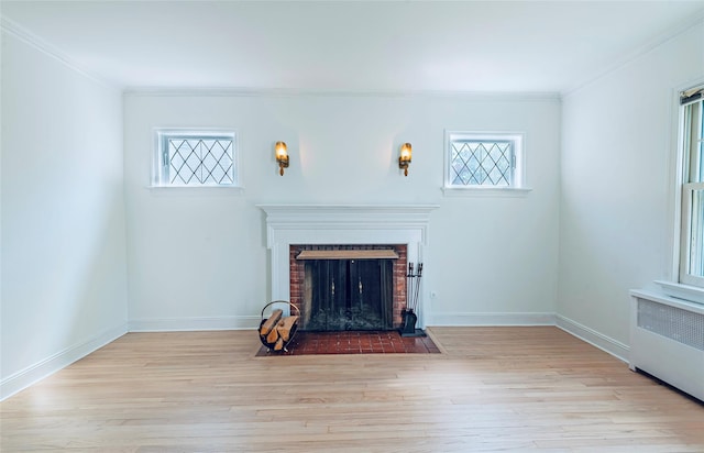 147 Nugent St, New Hyde Park, NY 11040 - living room with radiator, ornamental molding, wood finished floors, and a brick fireplace