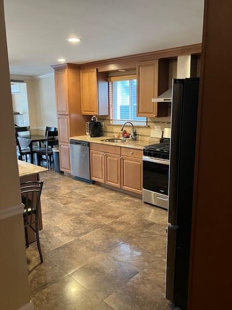 16330 95th St, Howard Beach, NY 11414 - kitchen with appliances with stainless steel finishes, light countertops, crown molding, under cabinet range hood, and recessed lighting