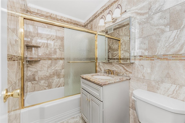 5550 Fieldstone Rd Unit 1C, Bronx, NY 10471 - full bathroom featuring vanity, crown molding, enclosed tub / shower combo, and tile walls