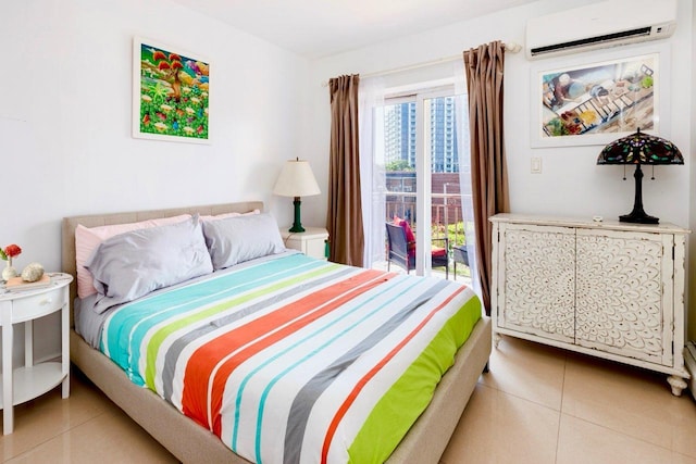 53-10 90th St Unit 4B, Elmhurst, NY 11373 - tiled bedroom featuring an AC wall unit and access to exterior