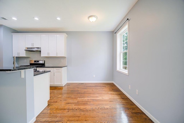 31 Pinto Rd W, Middletown, NY 10941 - kitchen featuring under cabinet range hood, stainless steel range with gas stovetop, decorative backsplash, white cabinetry, and recessed lighting