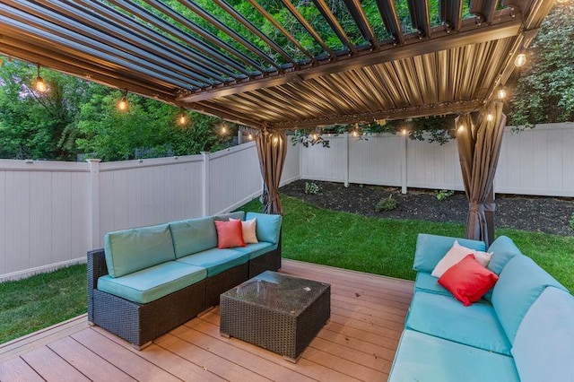 105 Valley Rd, White Plains, NY 10604 - wooden deck with outdoor lounge area and a fenced backyard