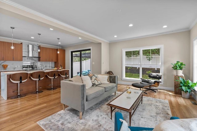 105 Valley Rd, White Plains, NY 10604 - living room featuring light wood finished floors, recessed lighting, and crown molding
