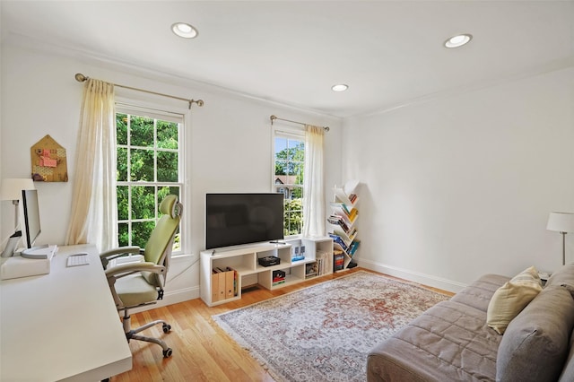 10 Inverness Ct, White Plains, NY 10605 - living area with healthy amount of natural light, recessed lighting, light wood-type flooring, and an office area