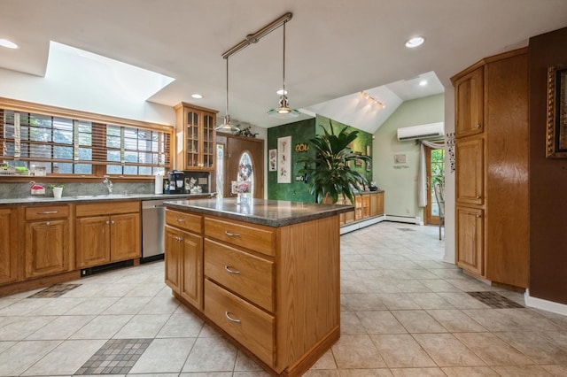 17 Piper Ln, Levittown, NY 11756 - kitchen featuring stainless steel dishwasher, a wall mounted air conditioner, plenty of natural light, light tile patterned floors, and recessed lighting