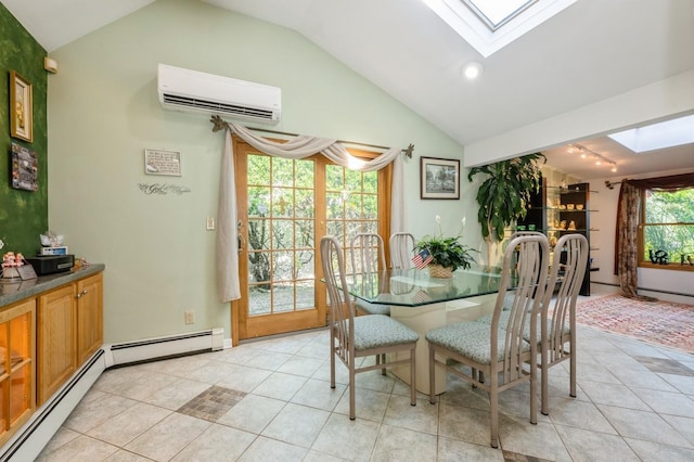 17 Piper Ln, Levittown, NY 11756 - dining room with a skylight, vaulted ceiling, a wall mounted AC, a baseboard radiator, and light tile patterned floors