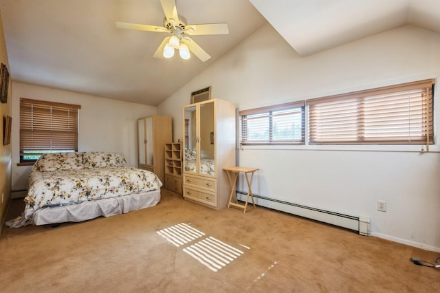 17 Piper Ln, Levittown, NY 11756 - bedroom with a baseboard radiator, lofted ceiling, carpet flooring, ceiling fan, and a baseboard heating unit