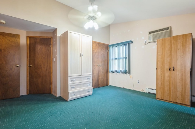 17 Piper Ln, Levittown, NY 11756 - unfurnished bedroom featuring a baseboard heating unit, carpet, a wall mounted AC, a ceiling fan, and two closets