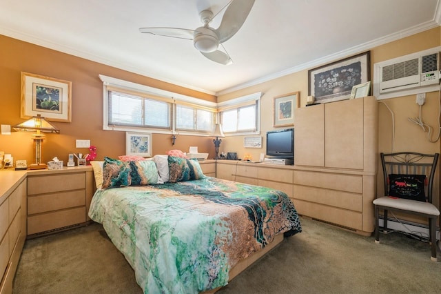 17 Piper Ln, Levittown, NY 11756 - bedroom featuring light colored carpet, ornamental molding, an AC wall unit, a ceiling fan, and a baseboard radiator