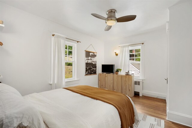 1223 Albany Post Rd, Croton-On-Hudson, NY 10520 - bedroom featuring radiator heating unit, multiple windows, wood finished floors, and a ceiling fan