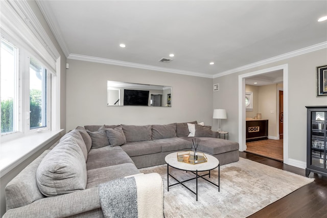 95 Falmouth Pl, Albertson, NY 11507 - living room featuring wood finished floors, recessed lighting, and crown molding