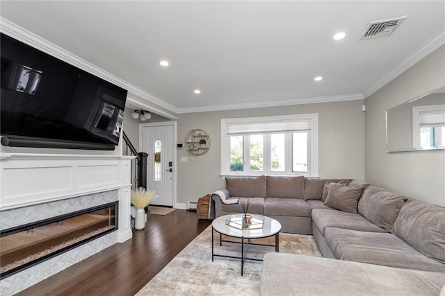95 Falmouth Pl, Albertson, NY 11507 - living room featuring dark wood-style floors, crown molding, a baseboard radiator, a glass covered fireplace, and recessed lighting