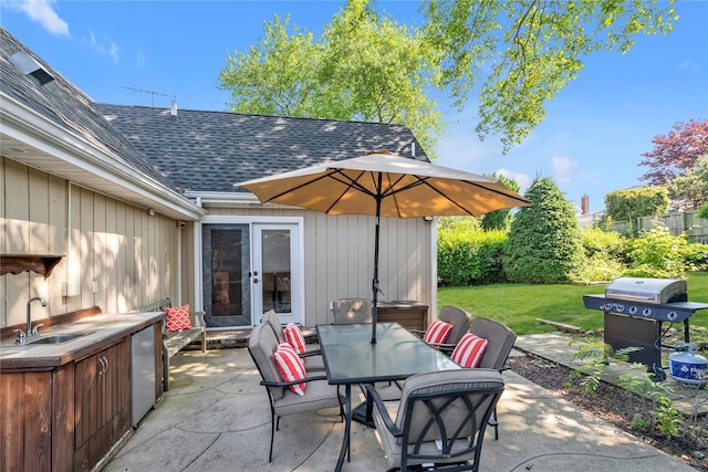 95 Falmouth Pl, Albertson, NY 11507 - view of patio / terrace featuring a grill, outdoor dining area, and french doors