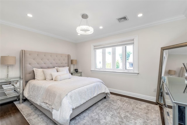 95 Falmouth Pl, Albertson, NY 11507 - bedroom with wood finished floors, ornamental molding, a chandelier, and recessed lighting