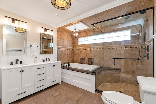 95 Falmouth Pl, Albertson, NY 11507 - full bath featuring a bath, a stall shower, ornamental molding, double vanity, and a chandelier