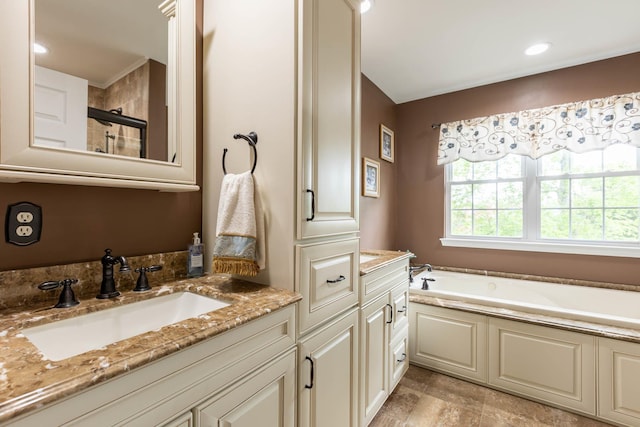 195 Bridle Way, Oakdale, NY 11769 - full bathroom featuring vanity, a bath, and a shower