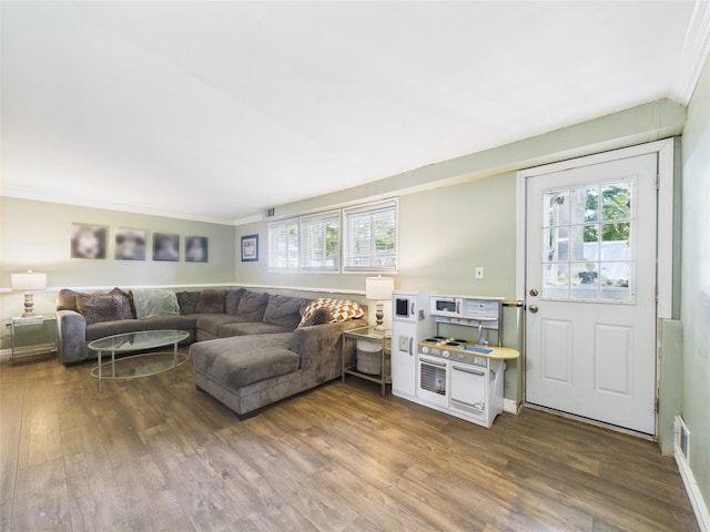 18 Huron St, Port Jefferson Station, NY 11776 - living room featuring wood finished floors and ornamental molding