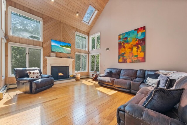 48 Orchard Hill Rd, Carmel, NY 10512 - living room with high vaulted ceiling, a skylight, wood-type flooring, a fireplace, and wood ceiling
