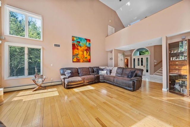 48 Orchard Hill Rd, Carmel, NY 10512 - living area featuring wood-type flooring, high vaulted ceiling, and baseboard heating