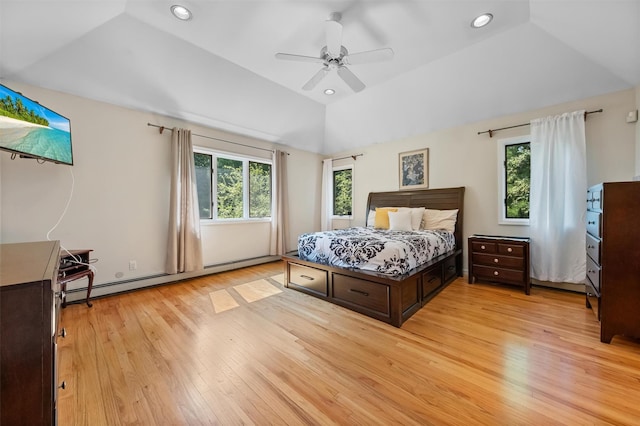 48 Orchard Hill Rd, Carmel, NY 10512 - bedroom featuring baseboard heating, light wood-style flooring, vaulted ceiling, ceiling fan, and recessed lighting