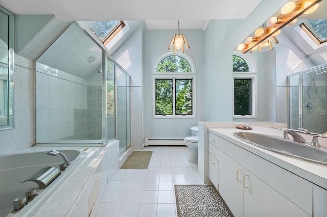 48 Orchard Hill Rd, Carmel, NY 10512 - full bath with a baseboard heating unit, vanity, tile patterned floors, a garden tub, and a stall shower