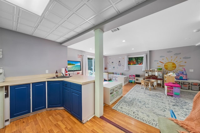 48 Orchard Hill Rd, Carmel, NY 10512 - kitchen with light wood-style floors, light countertops, blue cabinetry, a peninsula, and recessed lighting